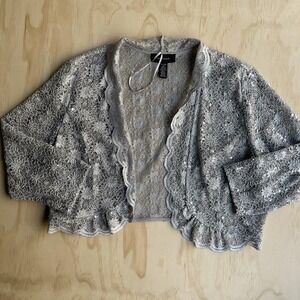 R & M Richards Jacket Womens XL Silver Lace Sequin Open Front Sheer Formal
